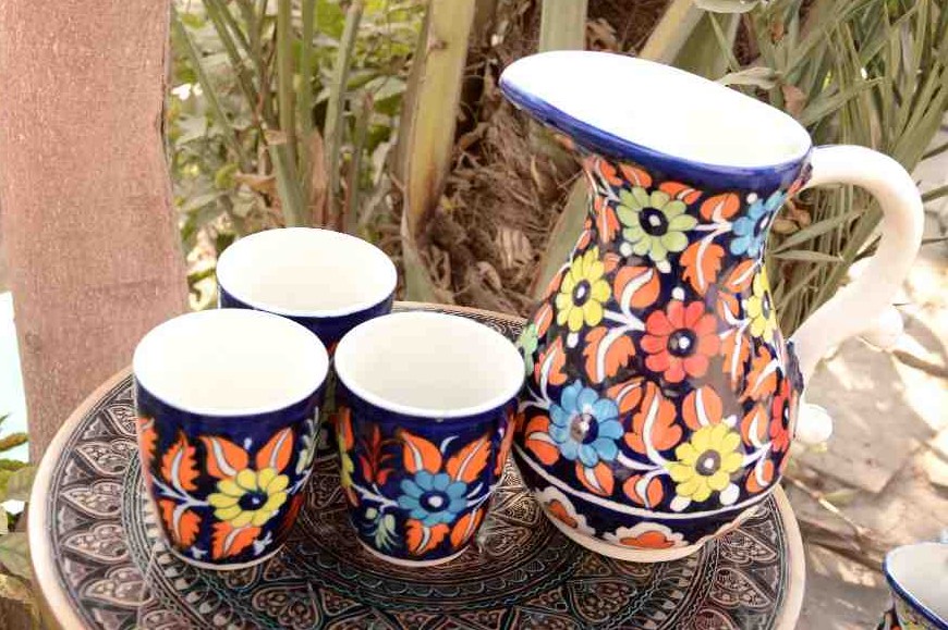 Blue pottery 6 glass water set    - Duplicate IMG # 1