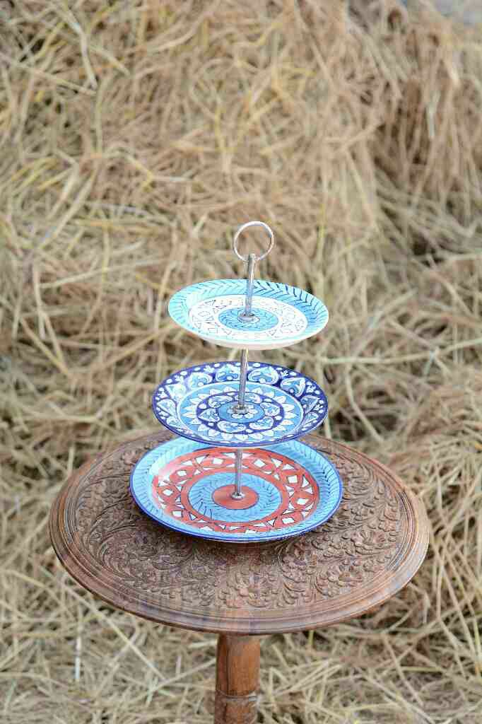 Blue Pottery Cup Cake Serving Tray