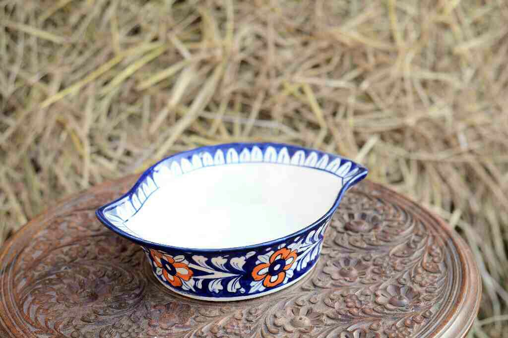 Blue Pottery Leaf Design Serving Bowl