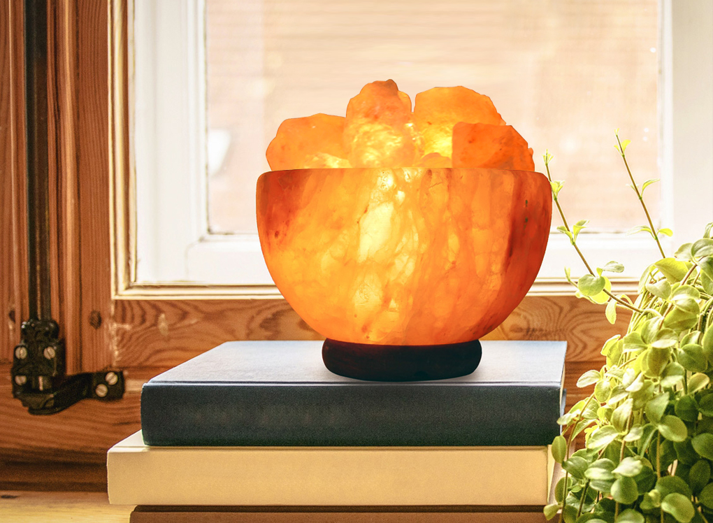 Himalayan Hand Carved Small Fire Bowl Salt Lamp with Salt Crystal Chunks