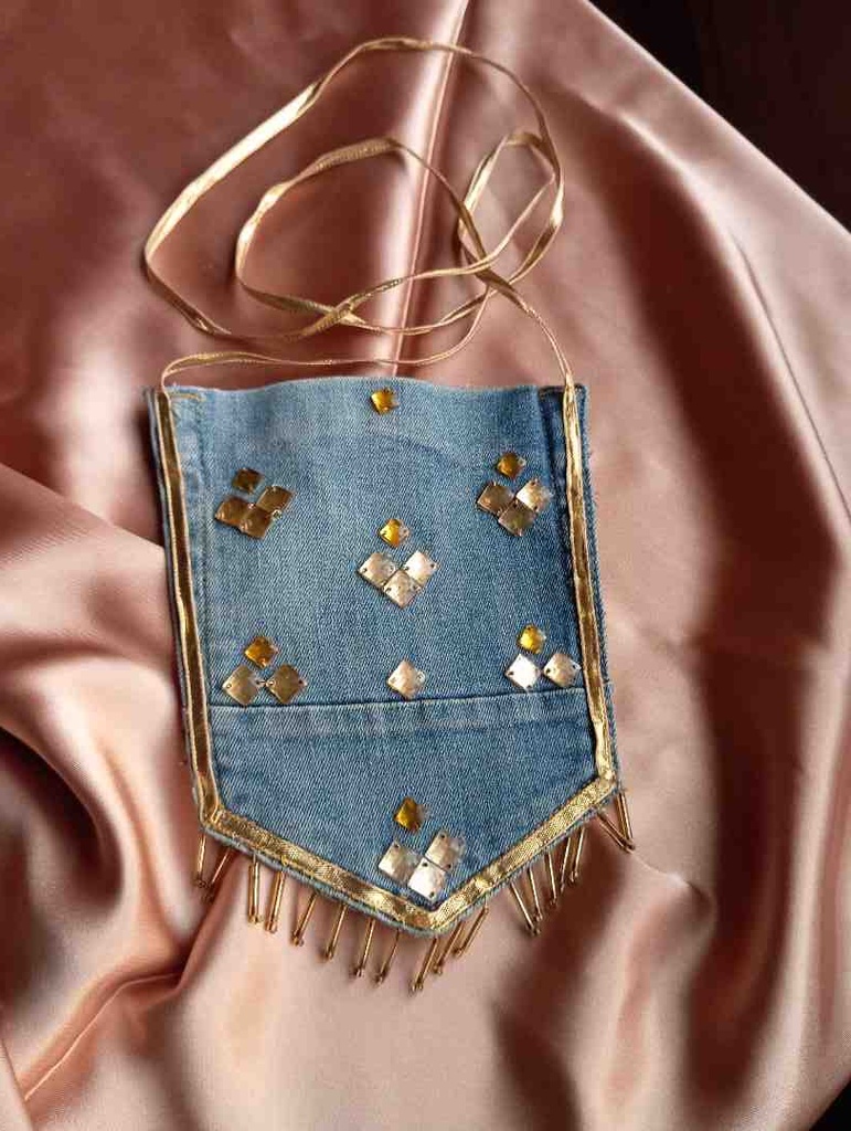 Denim embellished pouch