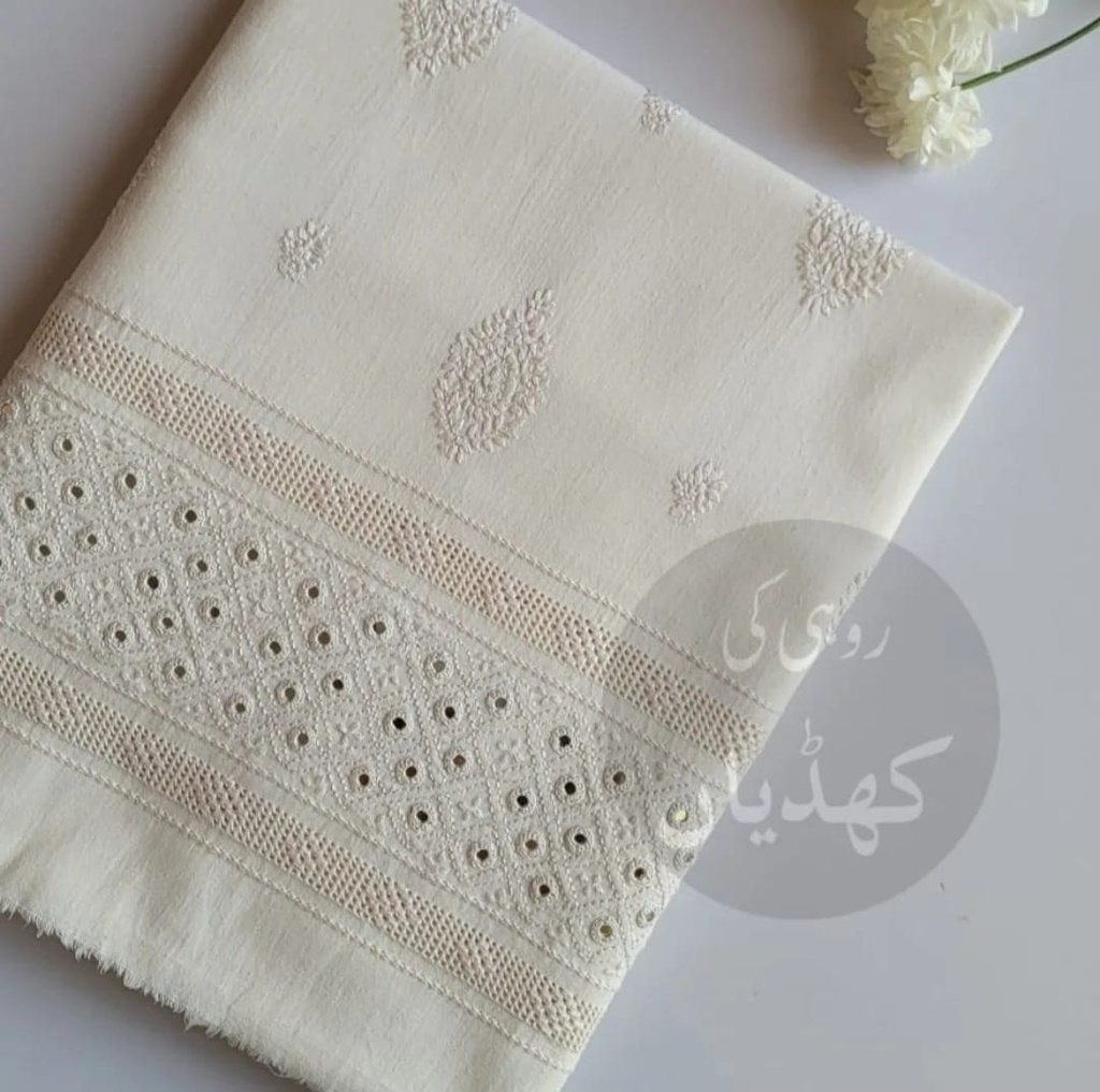 Ivory White Hand-Embroidered Winter Ensemble with Tarkashi and Mirror Work – 2 Piece Unstitched