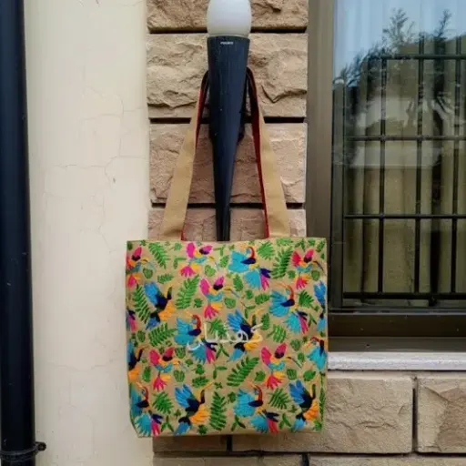 [VC-RK00010] Handcrafted Limited Edition Bag Fuchsia, Turquoise, & Burnt Orange Birds in Precision Embroidery